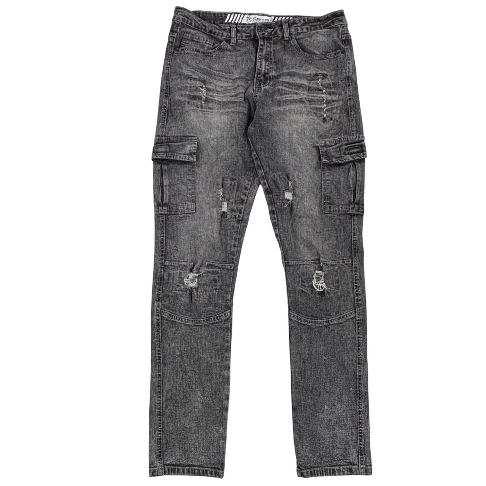 GSTR Mens Gray Acid Wash Distressed Slim Fit Cargo Jeans Size 32 Streetwear Moto